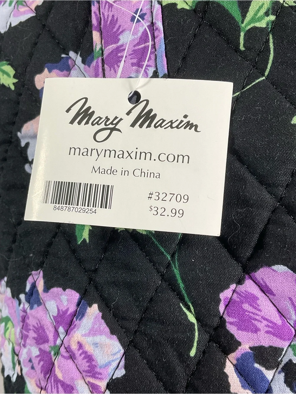 Quilted Floral Tote Bag in Black with Purple Flowers